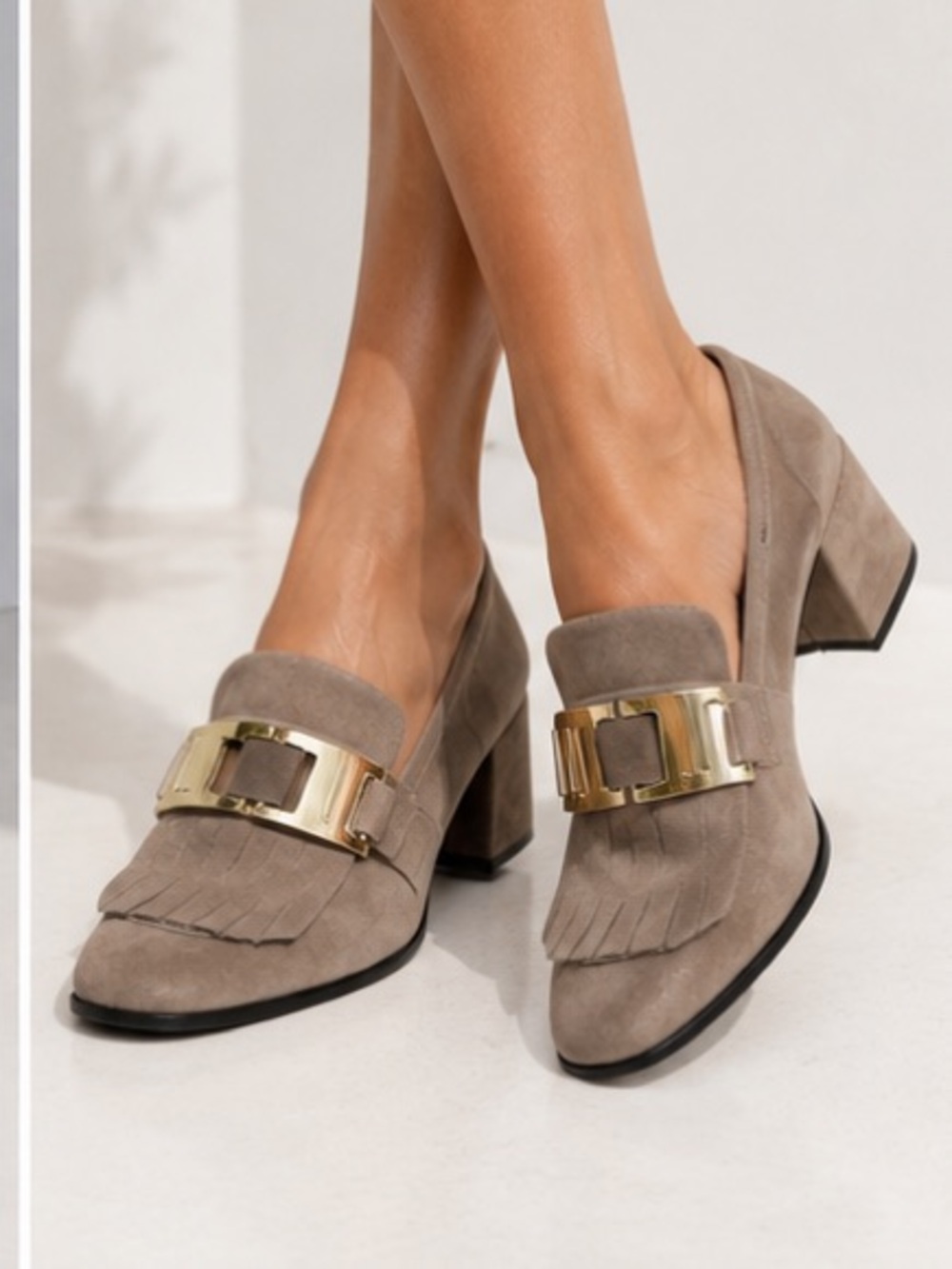 Vaneli Taupe Suede Fringe Loafers with Gold Hardware Block Heel 7.5